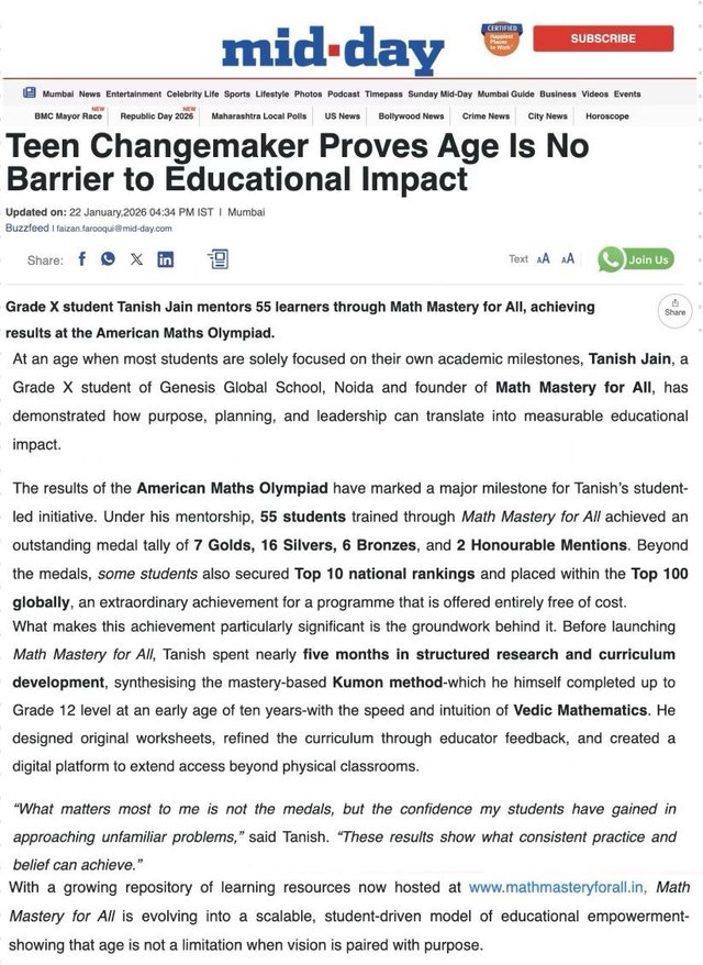 Mid-Day article: Teen Changemaker Proves Age Is No Barrier to Educational Impact